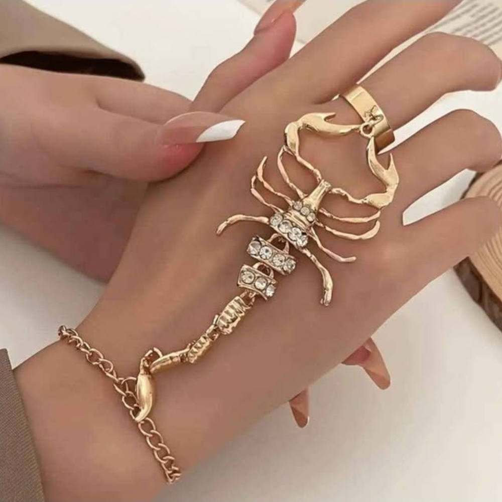 NEW! Stainless Gold Scorpion Hand Chain Bracelet with Crystal Accents